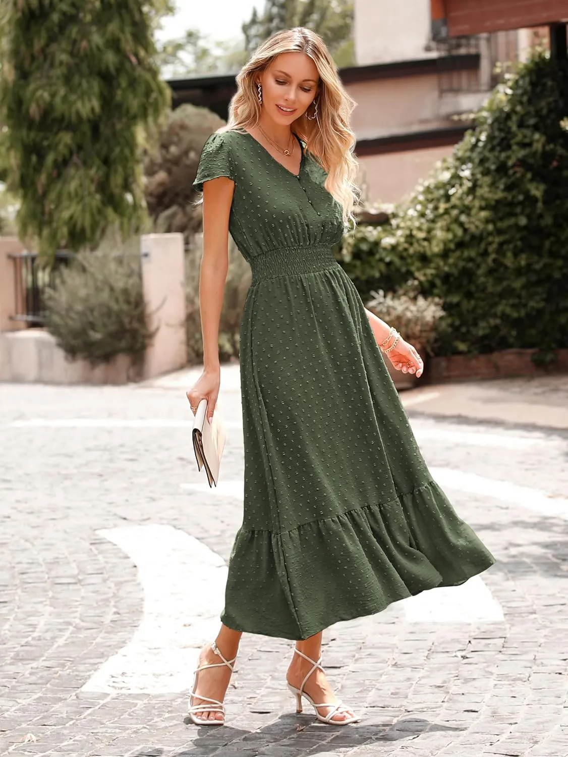 PRETTYGARDEN Womens Dresses 2025 Summer Maxi Dress Boho Short Sleeve V Neck Swiss Dot Ruffle Tiered Smocked Flowy Long Dress
