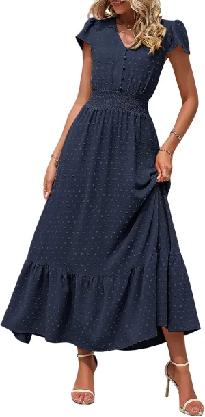 PRETTYGARDEN Womens Dresses 2025 Summer Maxi Dress Boho Short Sleeve V Neck Swiss Dot Ruffle Tiered Smocked Flowy Long Dress