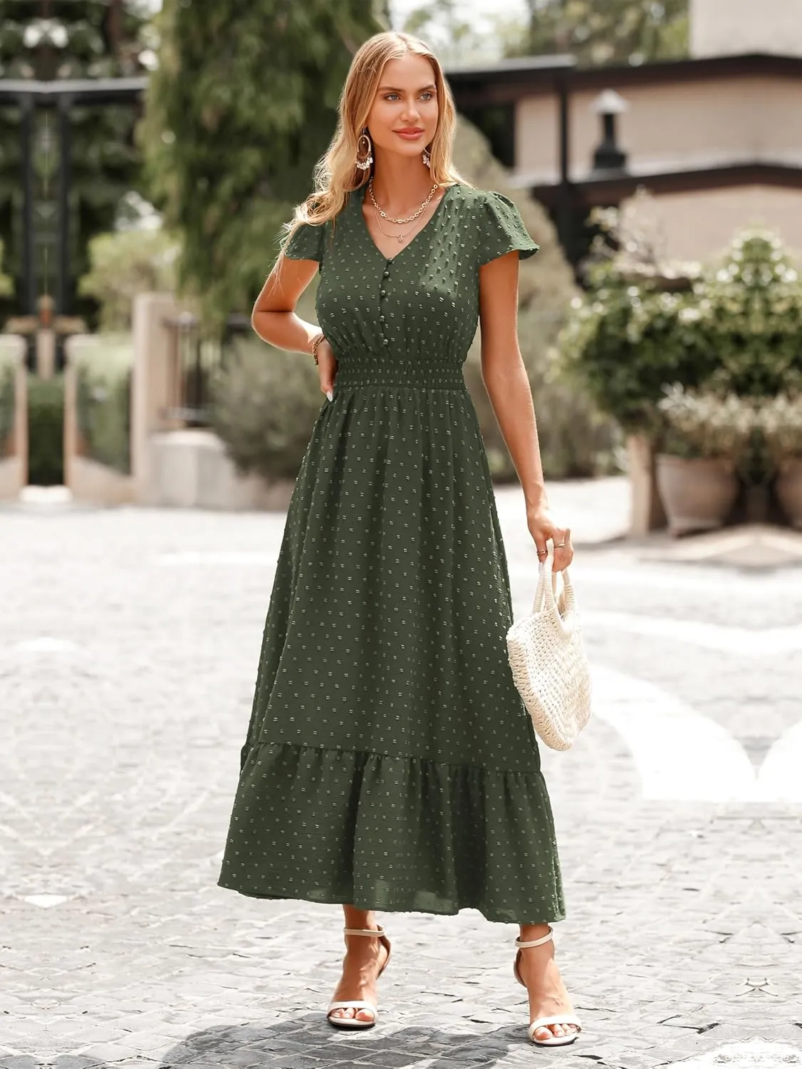 PRETTYGARDEN Womens Dresses 2025 Summer Maxi Dress Boho Short Sleeve V Neck Swiss Dot Ruffle Tiered Smocked Flowy Long Dress