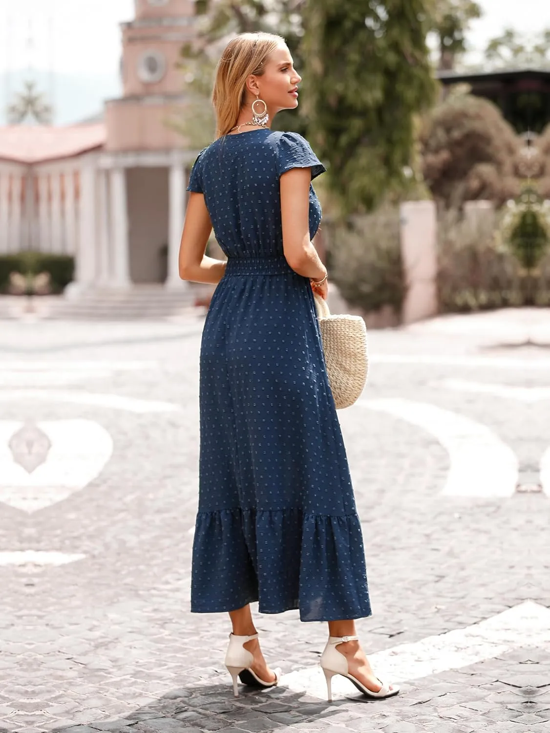 PRETTYGARDEN Womens Dresses 2025 Summer Maxi Dress Boho Short Sleeve V Neck Swiss Dot Ruffle Tiered Smocked Flowy Long Dress