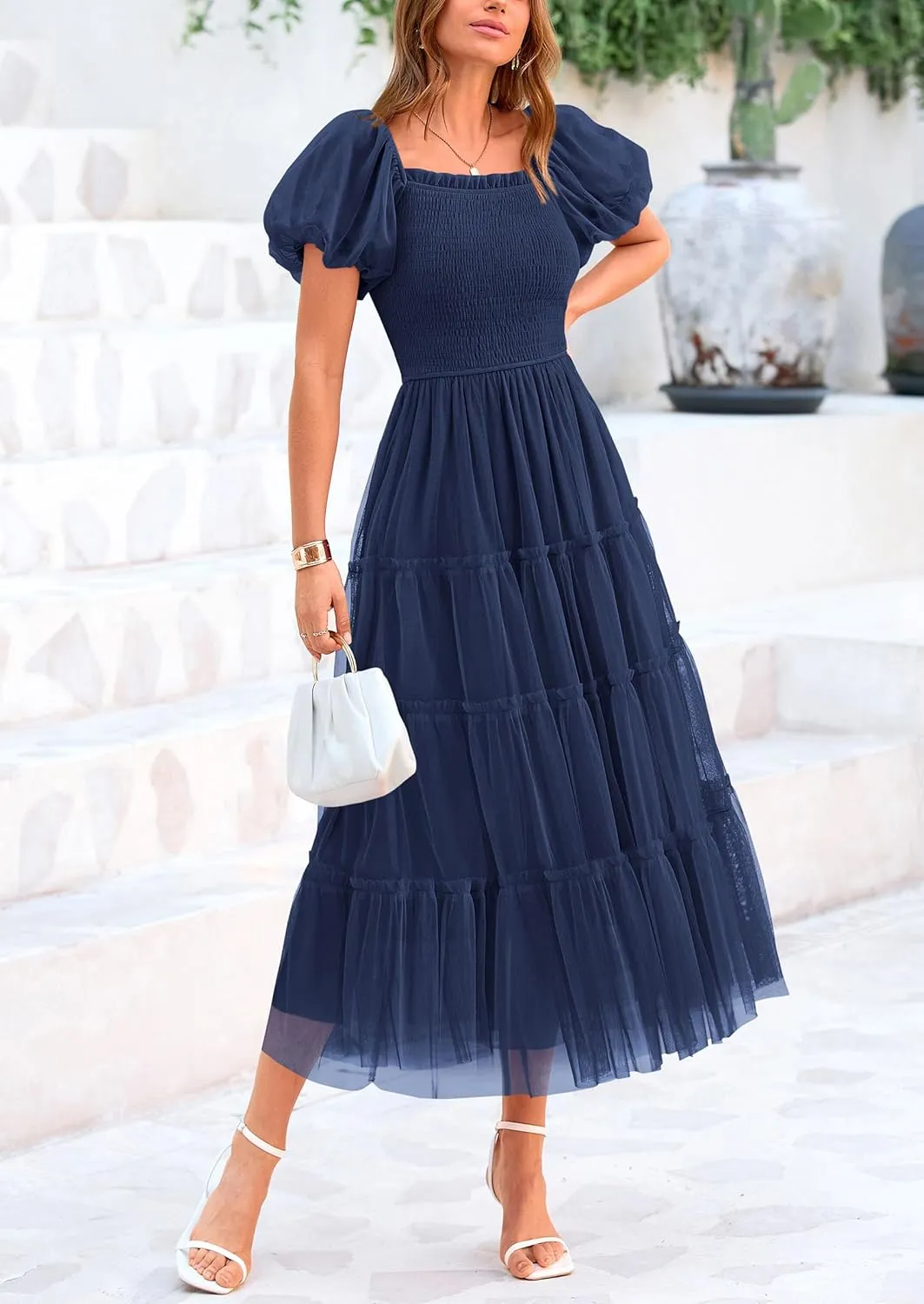 PRETTYGARDEN Women's Smocked Midi Tulle Dress 2025 Summer Puffy Short Sleeve Square Neck Ruffle Wedding Guest Party Dresses