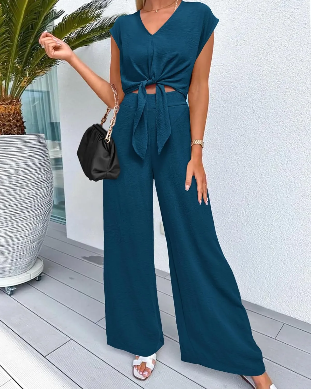 PRETTYGARDEN Women's Summer 2 Piece Outfits 2025 Cap Sleeve V Neck Belted Crop Tops Wide Leg Pant Sets Casual Tracksuit