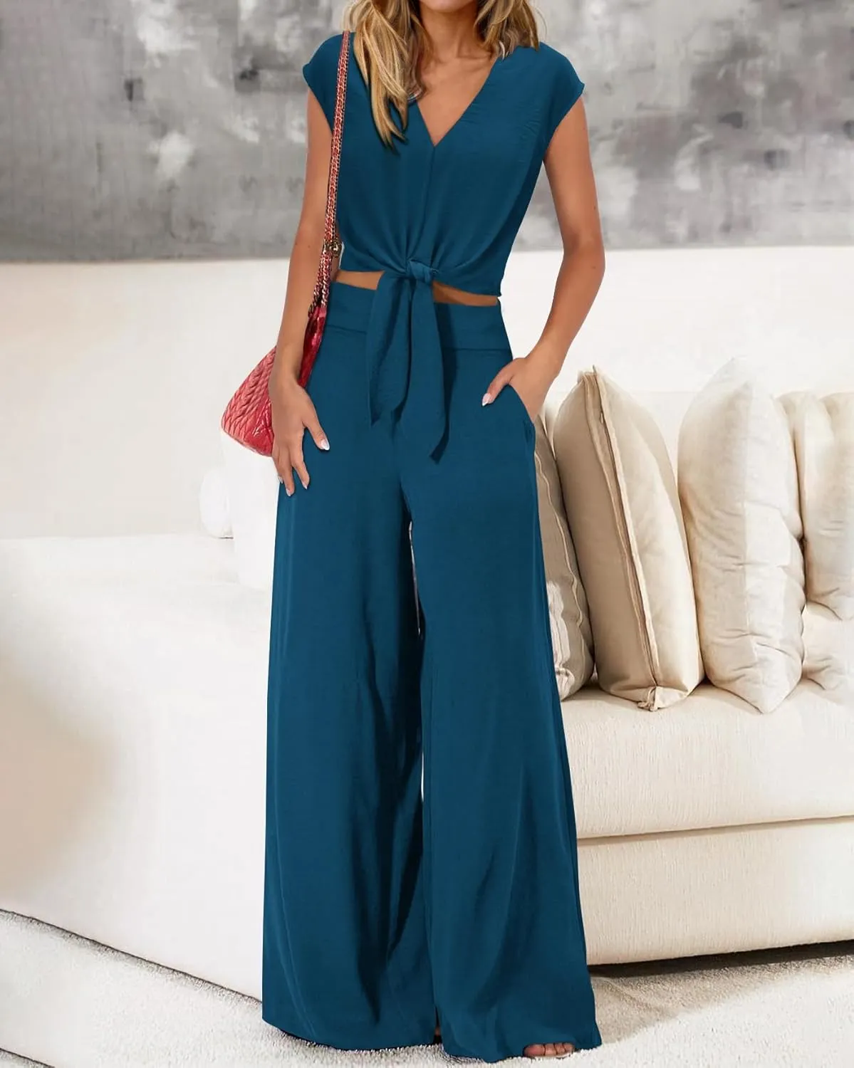 PRETTYGARDEN Women's Summer 2 Piece Outfits 2025 Cap Sleeve V Neck Belted Crop Tops Wide Leg Pant Sets Casual Tracksuit