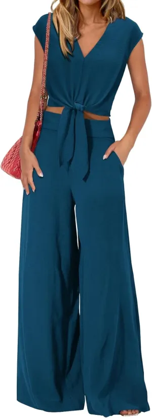 PRETTYGARDEN Women's Summer 2 Piece Outfits 2025 Cap Sleeve V Neck Belted Crop Tops Wide Leg Pant Sets Casual Tracksuit
