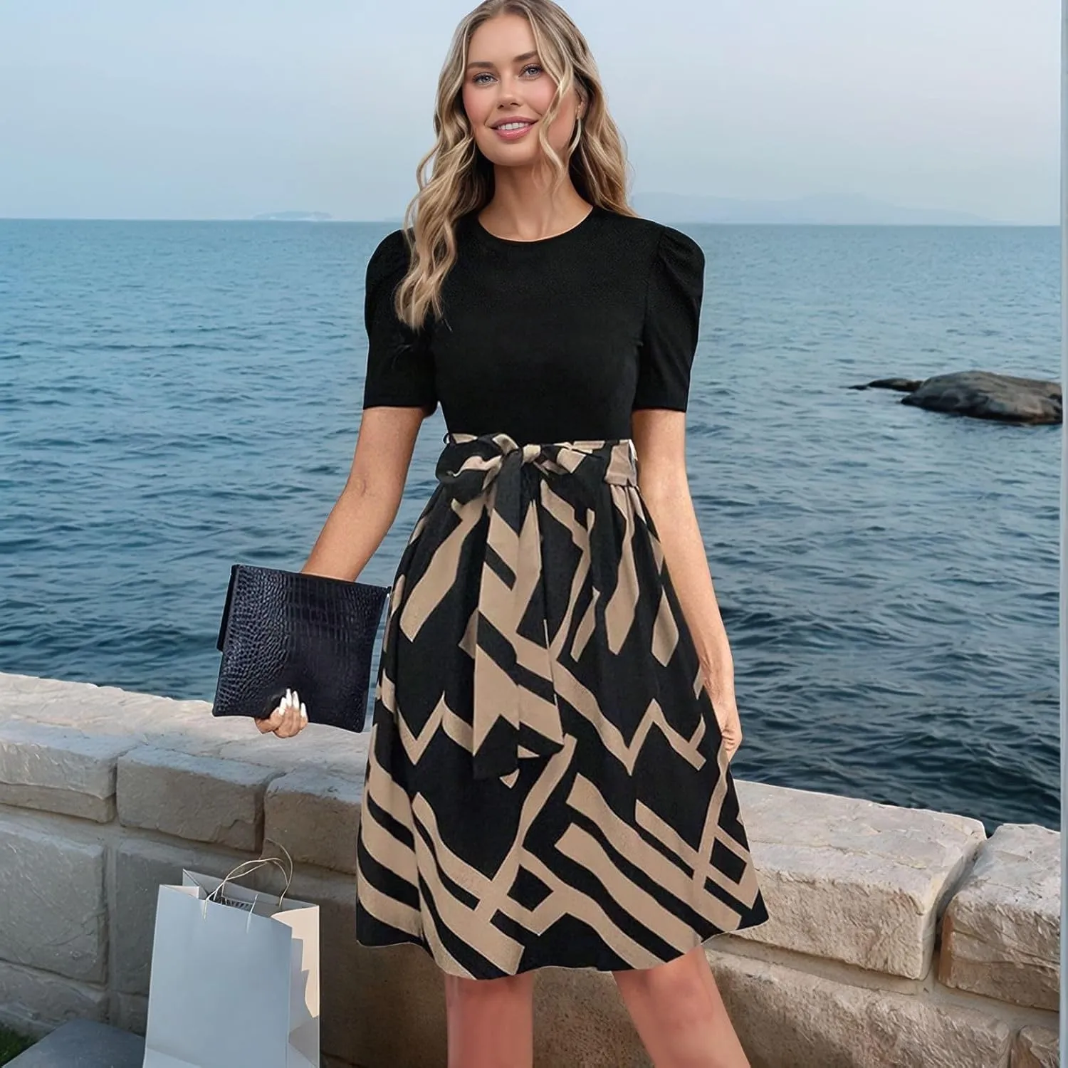 Resort Dresses for Women 2025 Vacation Floral Short Sleeve Wrap Patchwork Dresses Ruffle Hem Flowy a Line Mini Dress