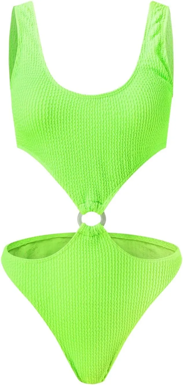Ribbed Cut Out One Piece Swimsuits for Women Sexy High Cut Ring Linked Bathing Suits Scoop Neck Racerback Swimwear