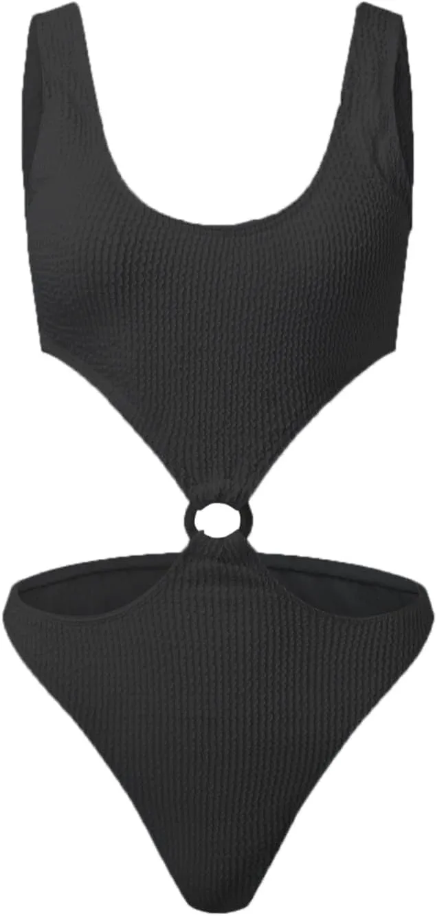 Ribbed Cut Out One Piece Swimsuits for Women Sexy High Cut Ring Linked Bathing Suits Scoop Neck Racerback Swimwear