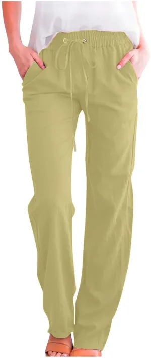 Ruziyoog Womens Casual Linen Pants Drawstring Elastic Waist Loose Fit Summer Pants Beach Slacks Trousers with Side Pockets