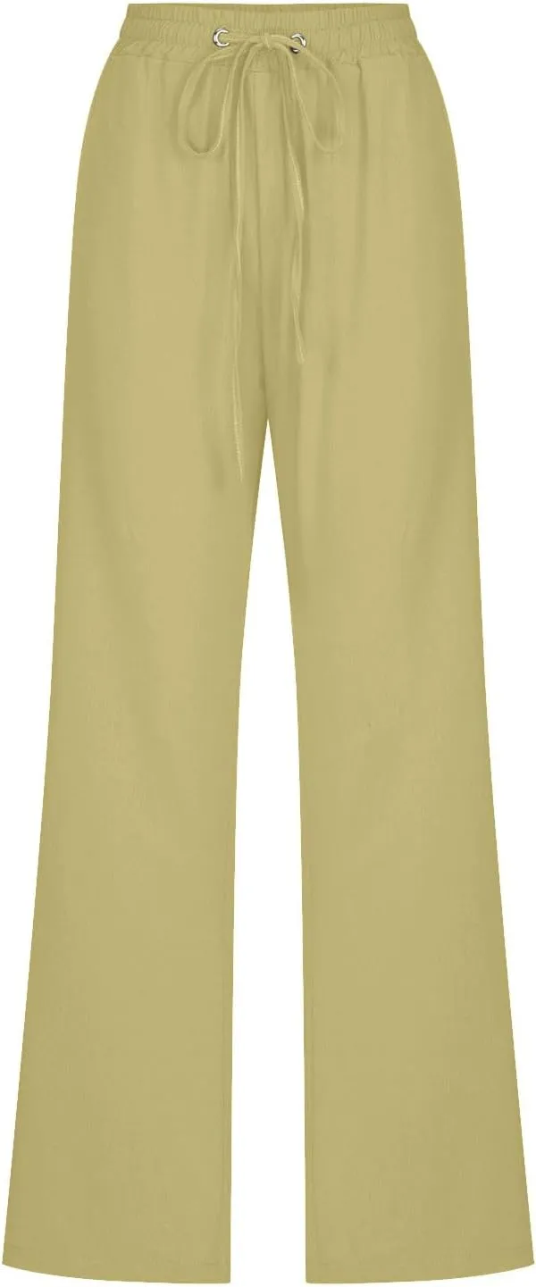Ruziyoog Womens Casual Linen Pants Drawstring Elastic Waist Loose Fit Summer Pants Beach Slacks Trousers with Side Pockets