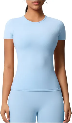Seamless Workout Tops for Women Short Sleeve Athletic Tees Round Neck Breathable Gym Running Yoga Shirts
