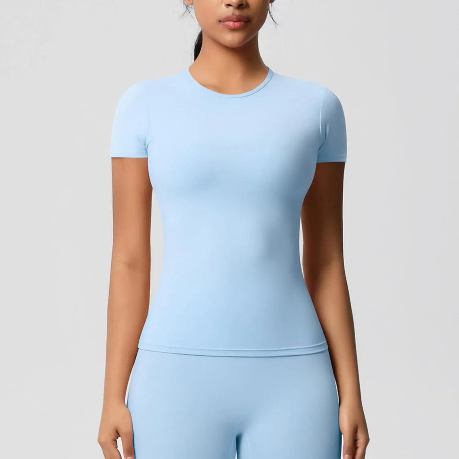 Seamless Workout Tops for Women Short Sleeve Athletic Tees Round Neck Breathable Gym Running Yoga Shirts