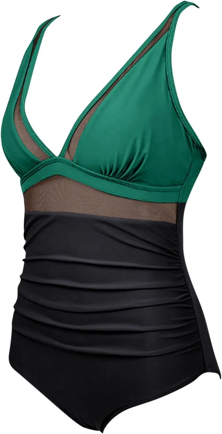 Sexy Mesh Swimwear for Women Trendy One Piece V Neck Tummy Control Swim Suit Summer 2025 High Waisted Bathing Suits