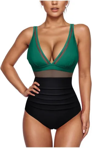 Sexy Mesh Swimwear for Women Trendy One Piece V Neck Tummy Control Swim Suit Summer 2025 High Waisted Bathing Suits