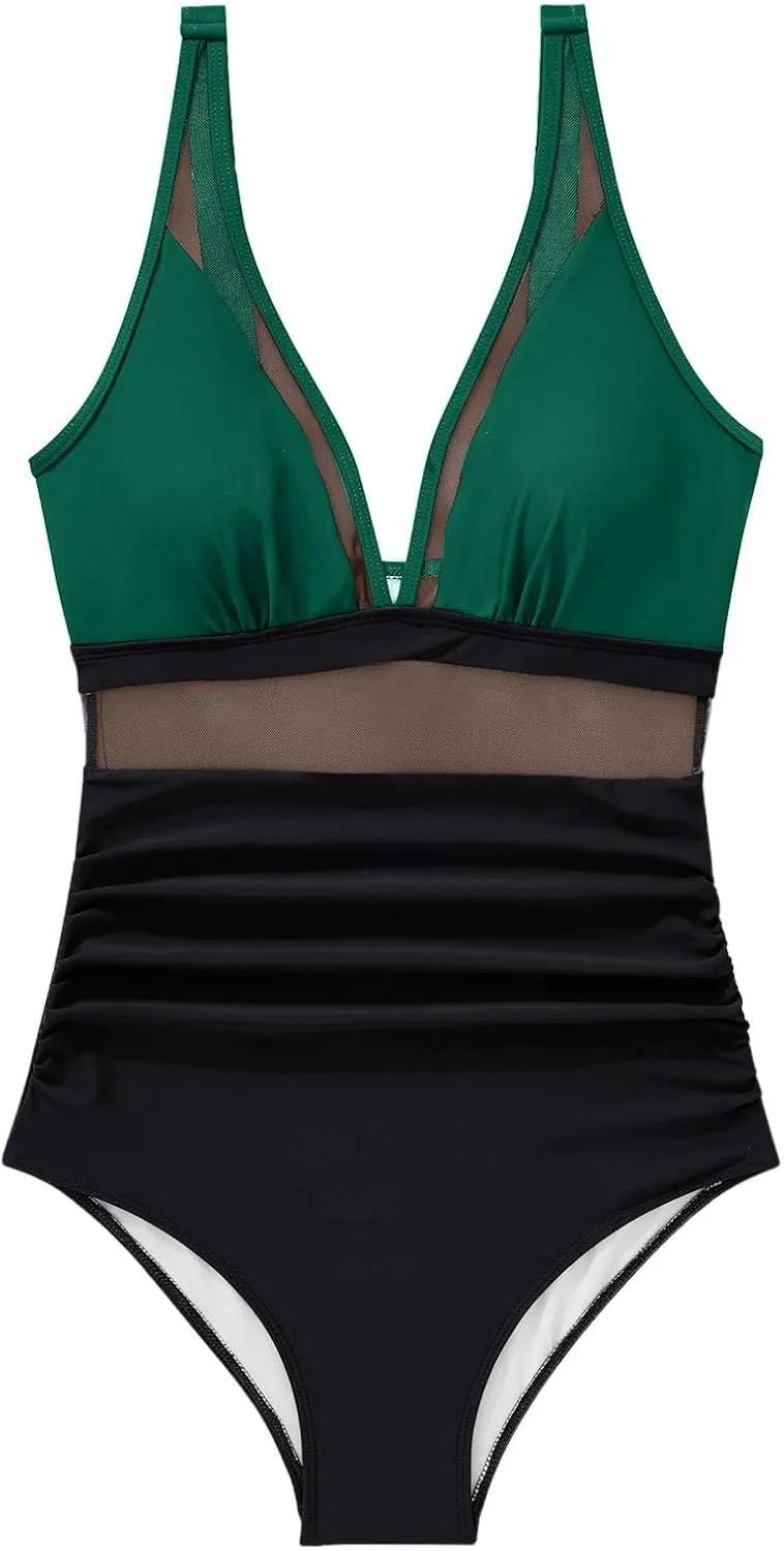 Sexy Mesh Swimwear for Women Trendy One Piece V Neck Tummy Control Swim Suit Summer 2025 High Waisted Bathing Suits