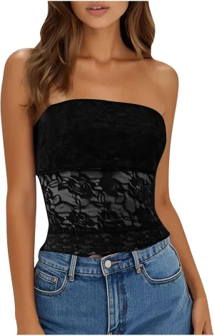 Sexy Tube Tops for Women Strapless Lace Bandeau Going Out Crop Tops Y2k Slim Fitted Summer Tops