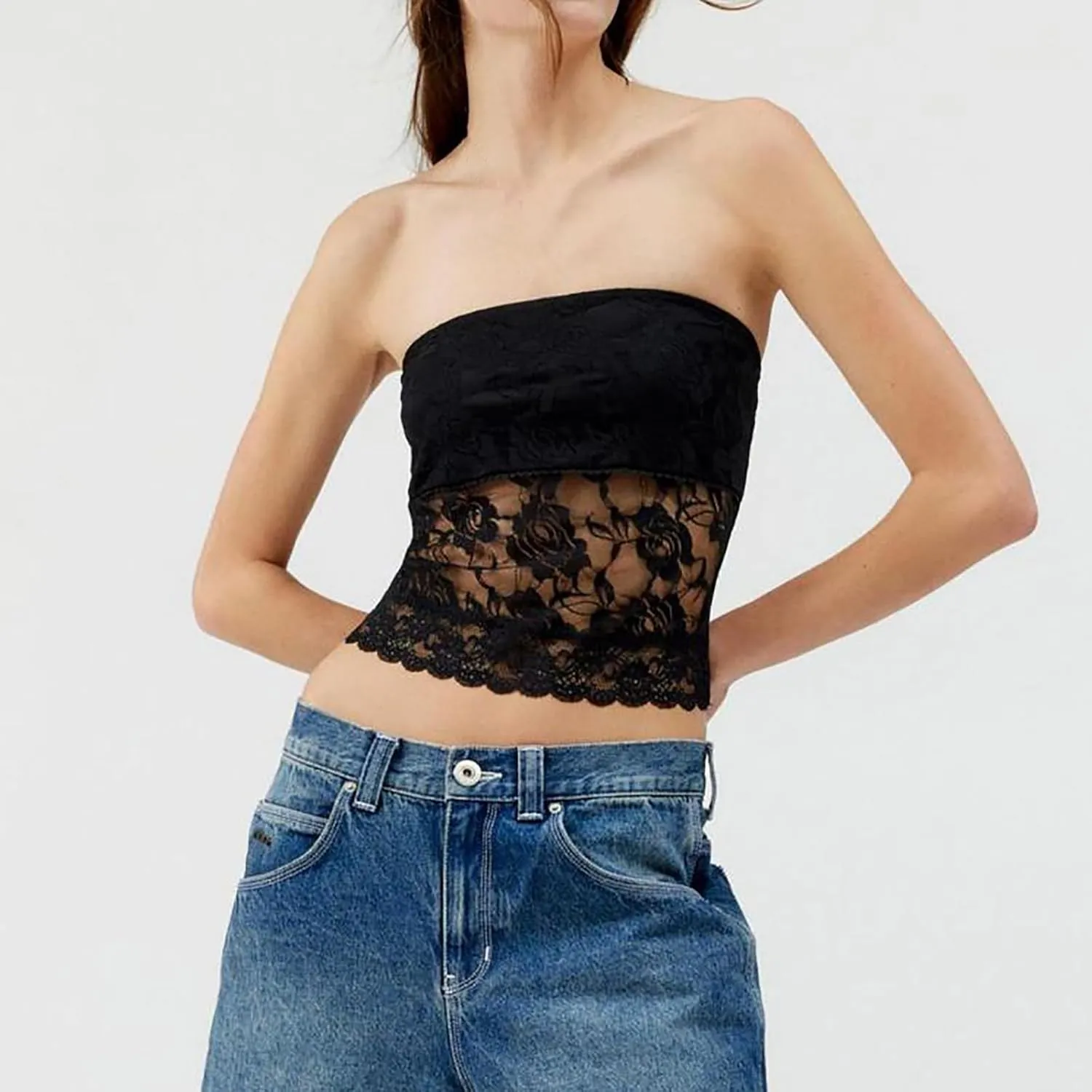 Sexy Tube Tops for Women Strapless Lace Bandeau Going Out Crop Tops Y2k Slim Fitted Summer Tops