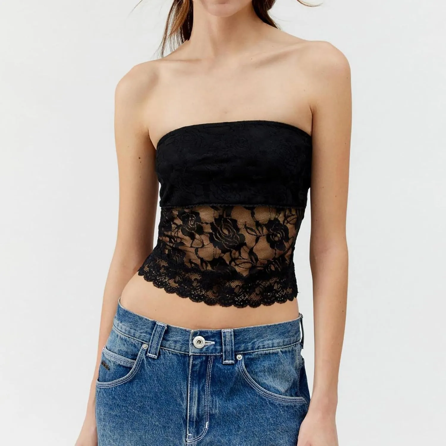 Sexy Tube Tops for Women Strapless Lace Bandeau Going Out Crop Tops Y2k Slim Fitted Summer Tops