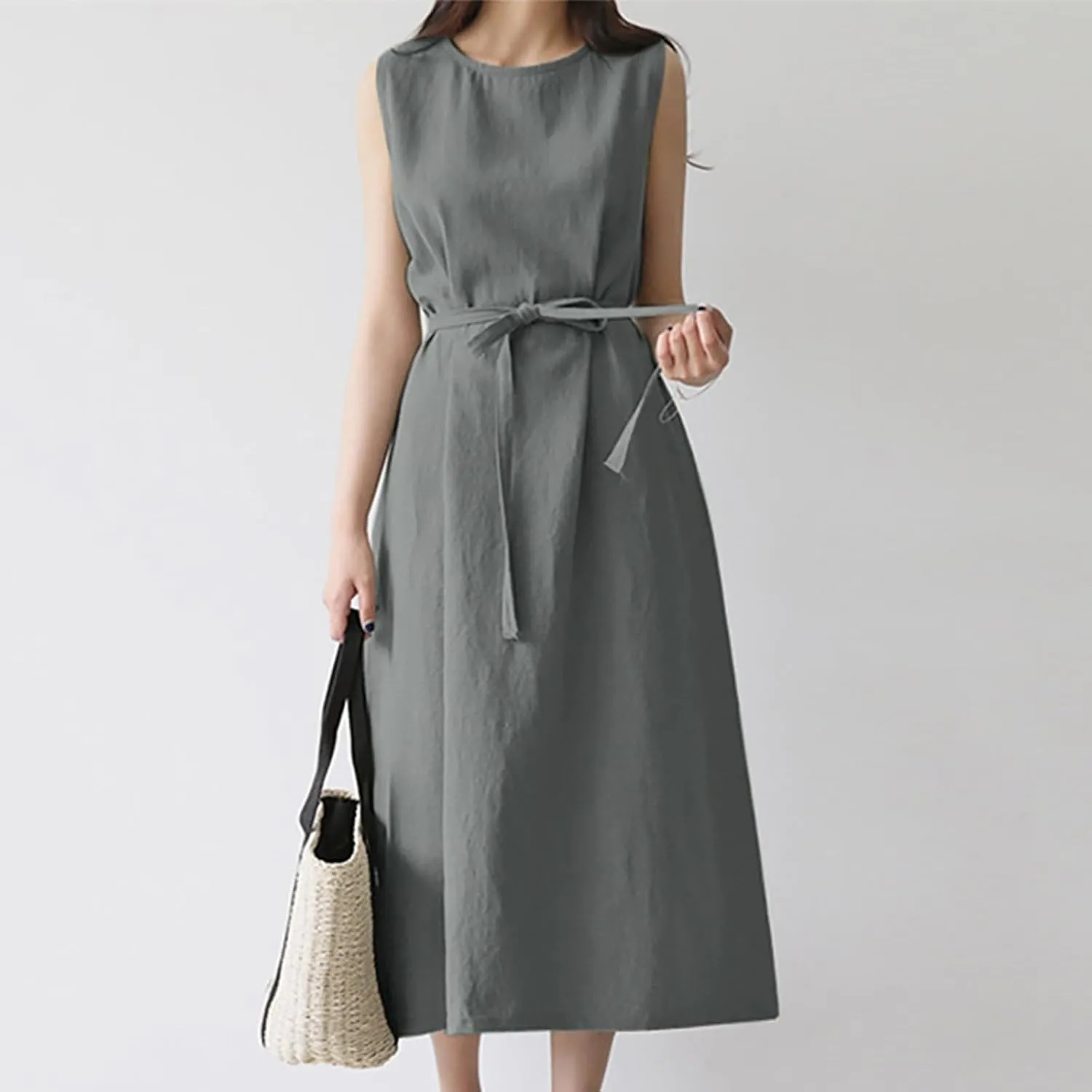 Short Sleeve Floral Dress Comfy Midi Dresss Summer Crewneck Tie Waist Solid Beach Tank Dress Long Dresses Spring