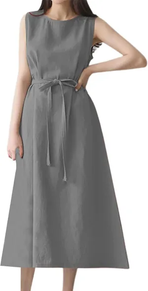 Short Sleeve Floral Dress Comfy Midi Dresss Summer Crewneck Tie Waist Solid Beach Tank Dress Long Dresses Spring