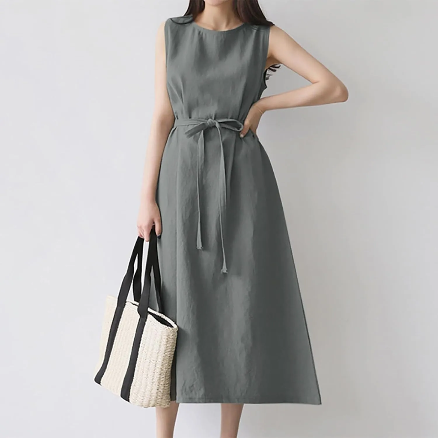 Short Sleeve Floral Dress Comfy Midi Dresss Summer Crewneck Tie Waist Solid Beach Tank Dress Long Dresses Spring