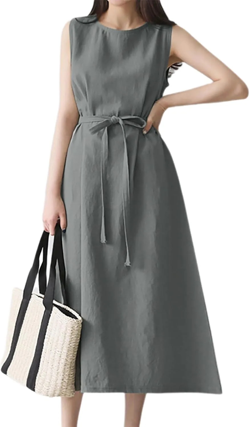 Short Sleeve Floral Dress Comfy Midi Dresss Summer Crewneck Tie Waist Solid Beach Tank Dress Long Dresses Spring