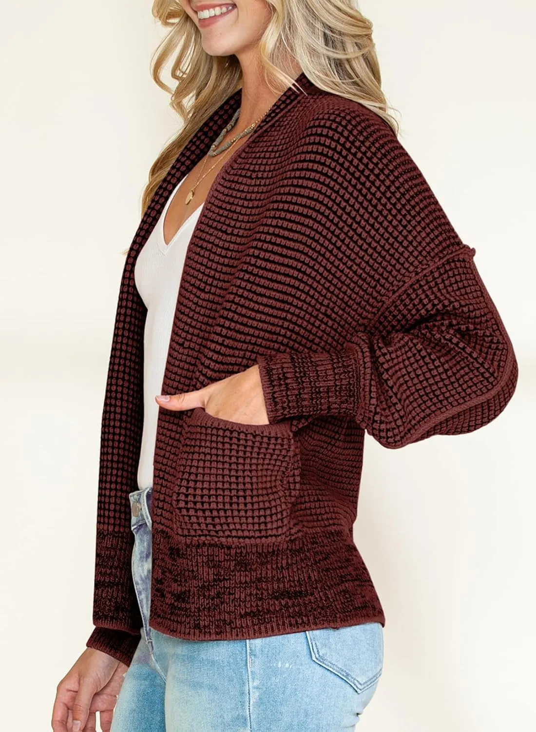 Sidefeel Womens Plaid Short Cardigan Oversized Chunky Long Sleeve Knit Open Front Cardigan Sweaters with Pockets