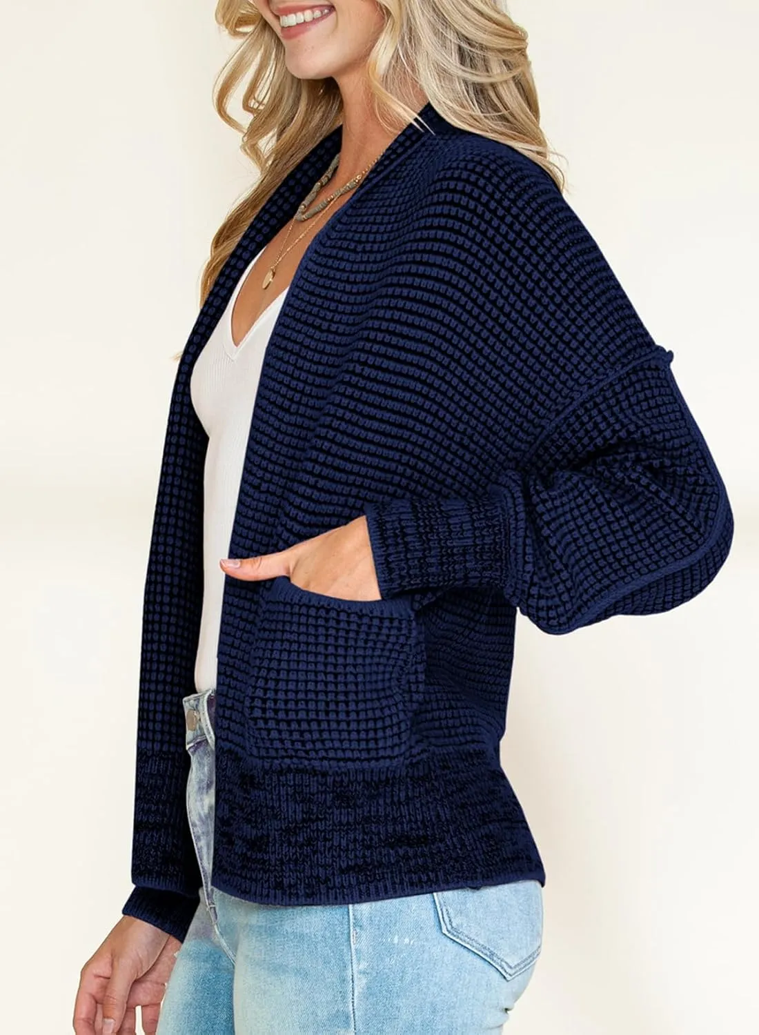 Sidefeel Womens Plaid Short Cardigan Oversized Chunky Long Sleeve Knit Open Front Cardigan Sweaters with Pockets