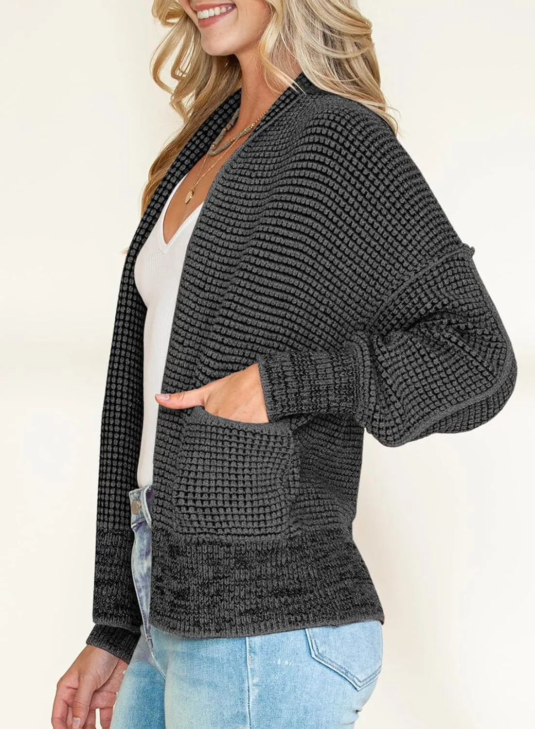 Sidefeel Womens Plaid Short Cardigan Oversized Chunky Long Sleeve Knit Open Front Cardigan Sweaters with Pockets