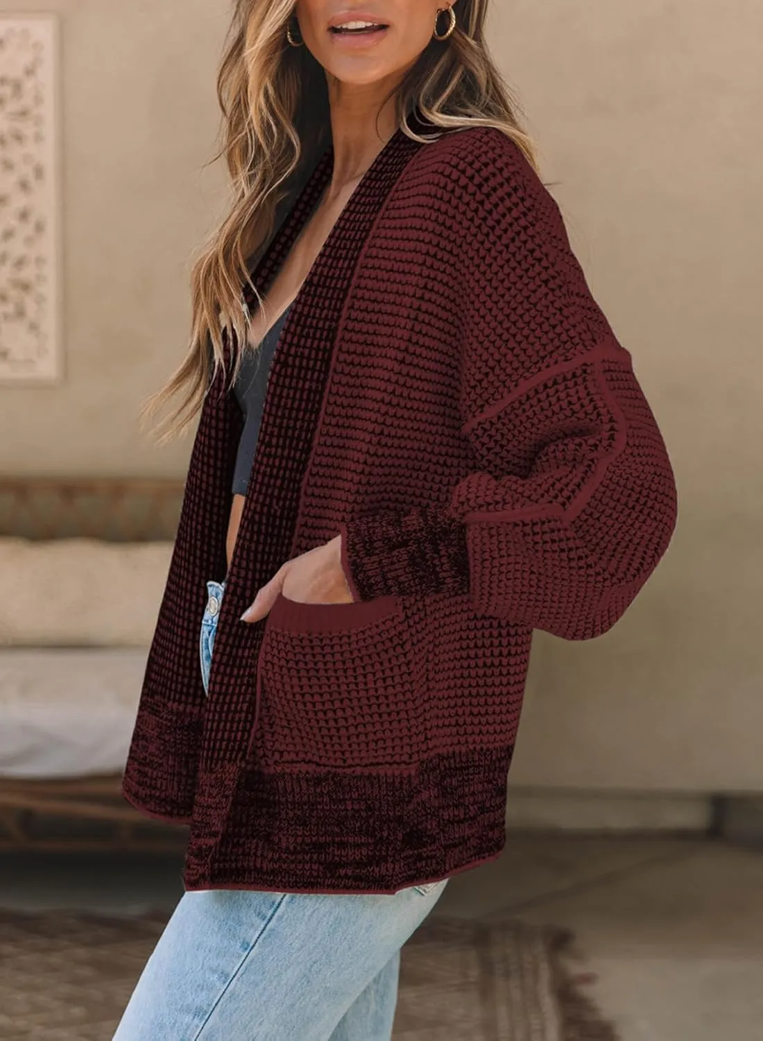 Sidefeel Womens Plaid Short Cardigan Oversized Chunky Long Sleeve Knit Open Front Cardigan Sweaters with Pockets