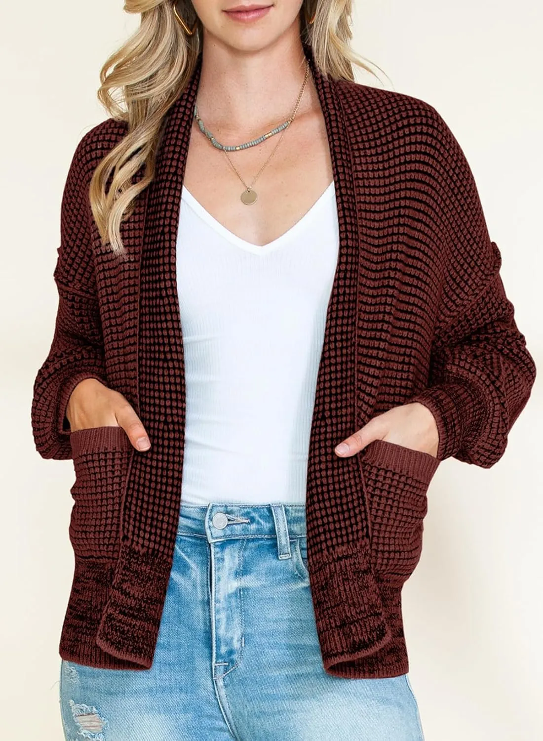 Sidefeel Womens Plaid Short Cardigan Oversized Chunky Long Sleeve Knit Open Front Cardigan Sweaters with Pockets