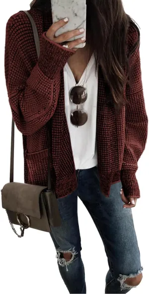 Sidefeel Womens Plaid Short Cardigan Oversized Chunky Long Sleeve Knit Open Front Cardigan Sweaters with Pockets