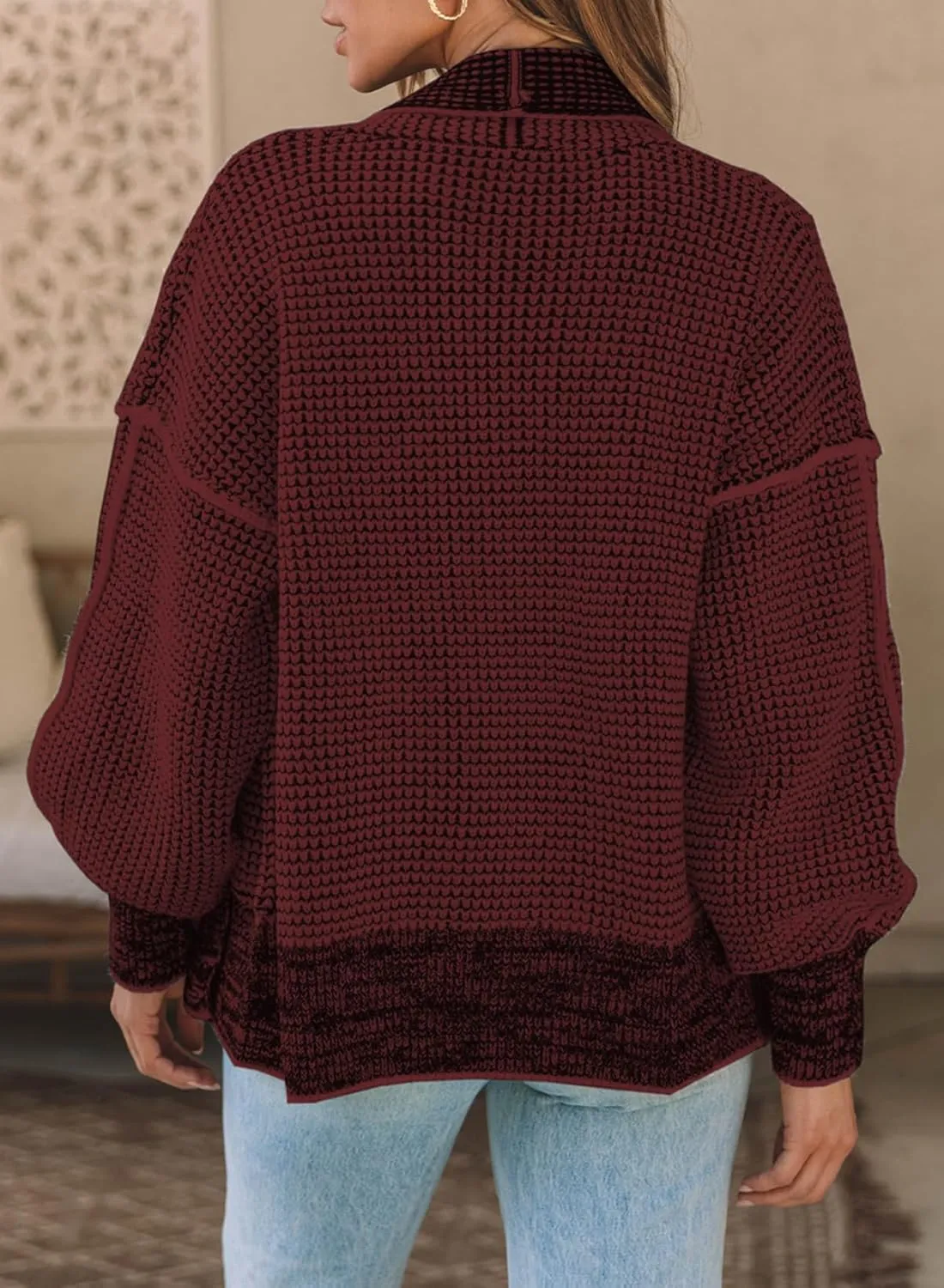 Sidefeel Womens Plaid Short Cardigan Oversized Chunky Long Sleeve Knit Open Front Cardigan Sweaters with Pockets
