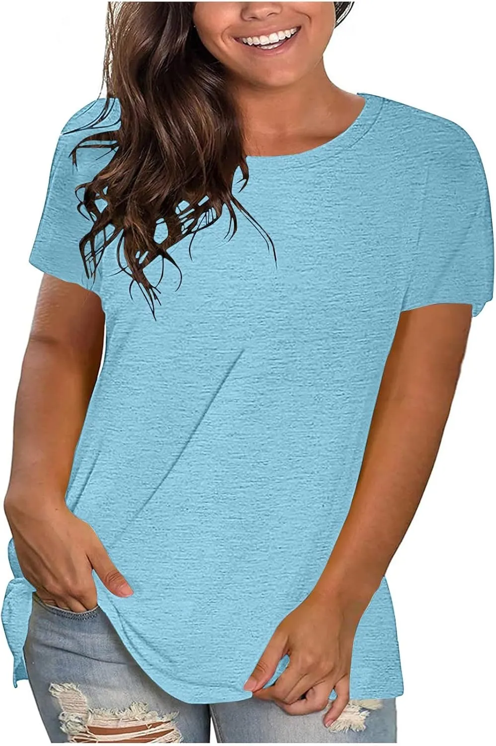 SMIDOW Plus Size Tops for Women Summer 2023 Casual Loose Short Sleeve Solid t-Shirt Dressy Blouse Trendy