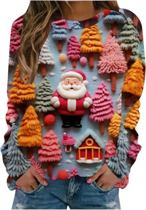 SMIDOW Women Ugly Christmas Sweatshirts 3D Digital Print Novelty Pullover Tops Funny Santa Xmas Tree Graphic Holiday Outfits