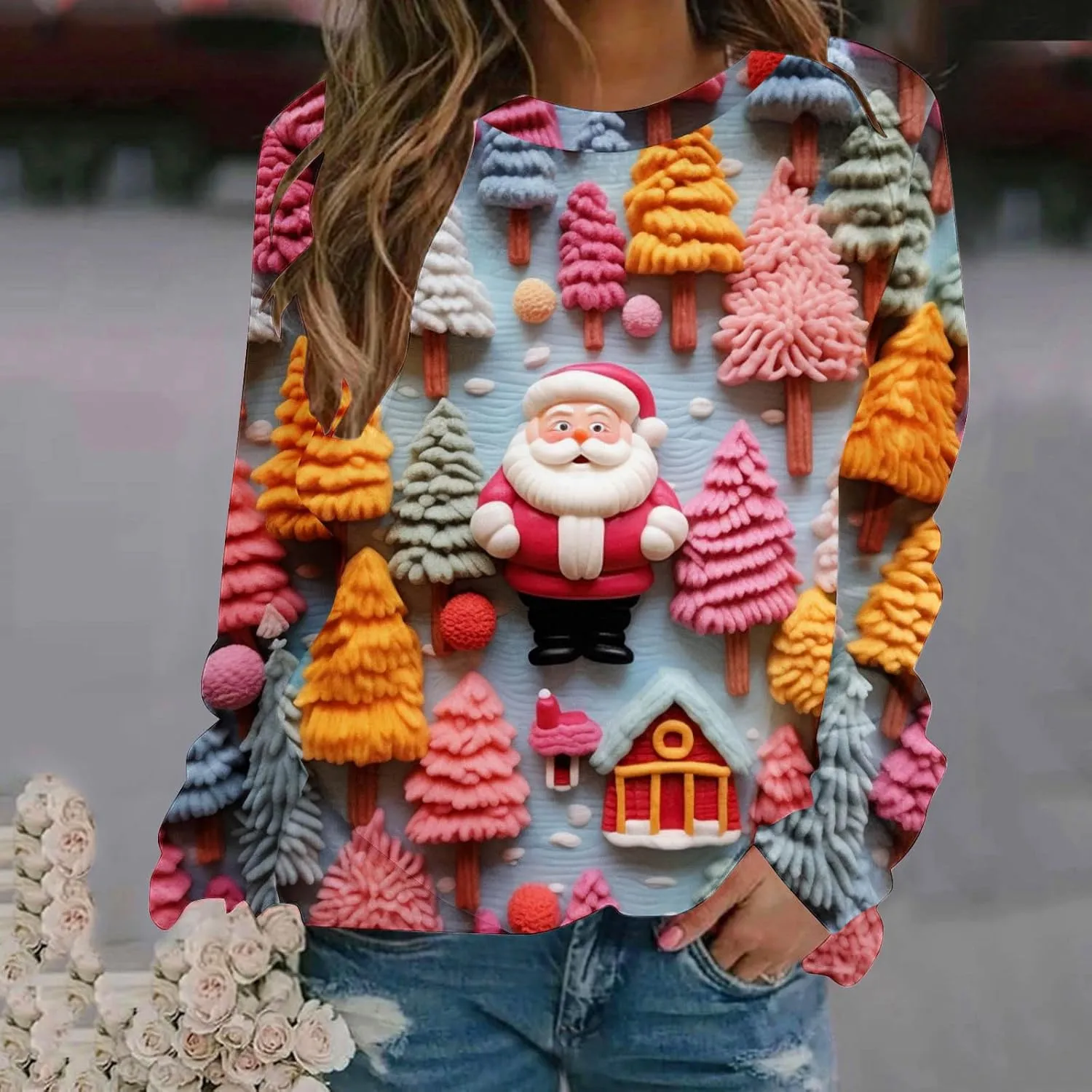 SMIDOW Women Ugly Christmas Sweatshirts 3D Digital Print Novelty Pullover Tops Funny Santa Xmas Tree Graphic Holiday Outfits