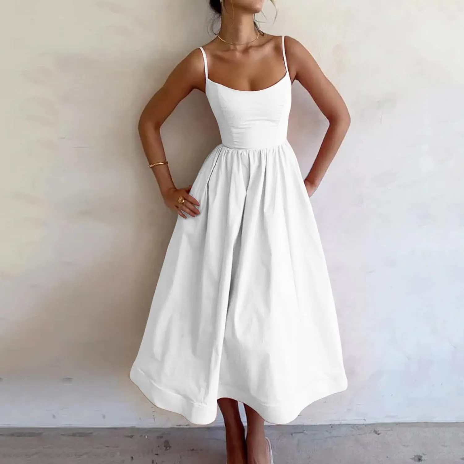 Spaghetti Strap Dresses for Women Square Neck Corset Dress Backless Flowy A Line Casual Summer Long Midi Sundress