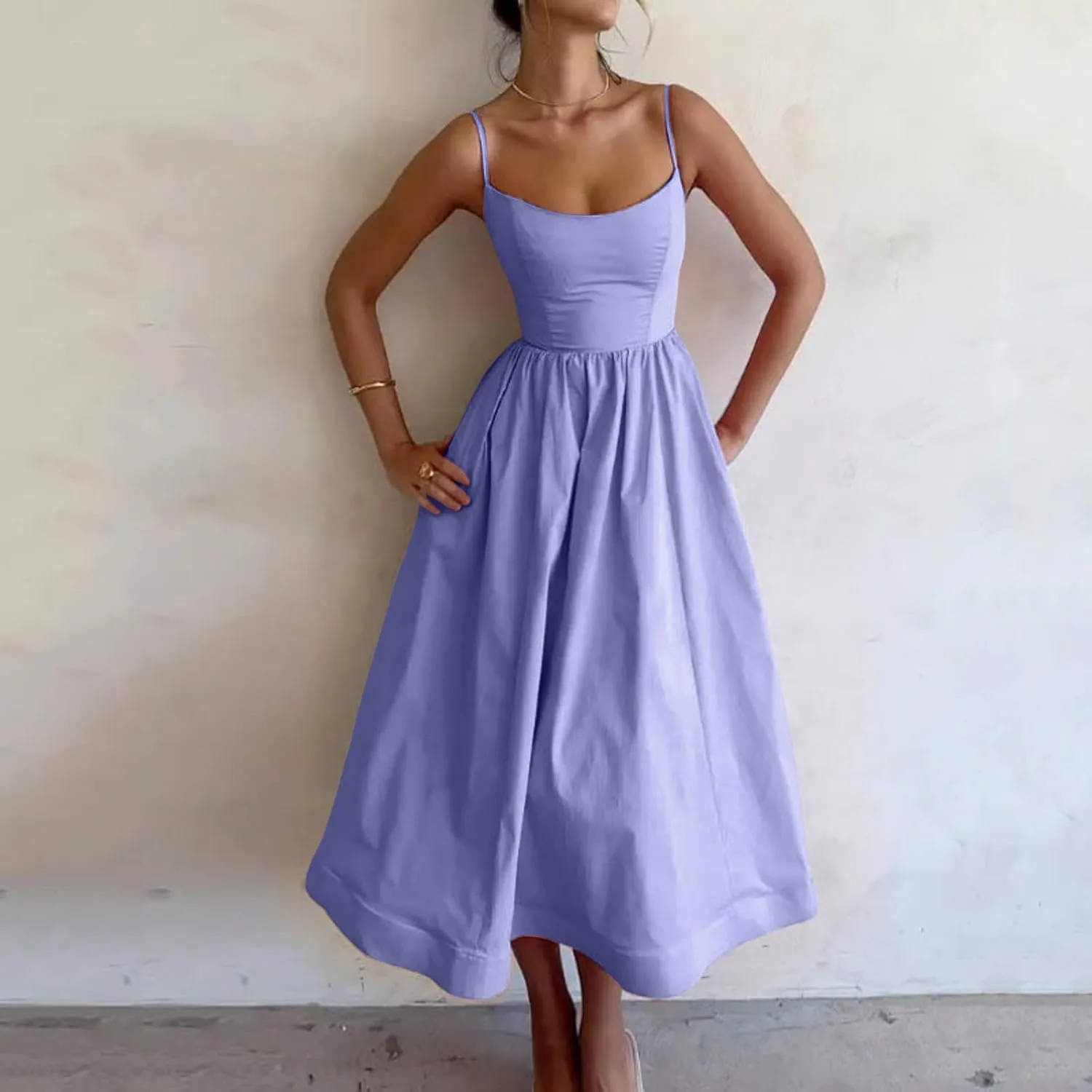 Spaghetti Strap Dresses for Women Square Neck Corset Dress Backless Flowy A Line Casual Summer Long Midi Sundress