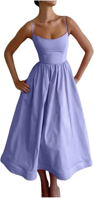 Spaghetti Strap Dresses for Women Square Neck Corset Dress Backless Flowy A Line Casual Summer Long Midi Sundress