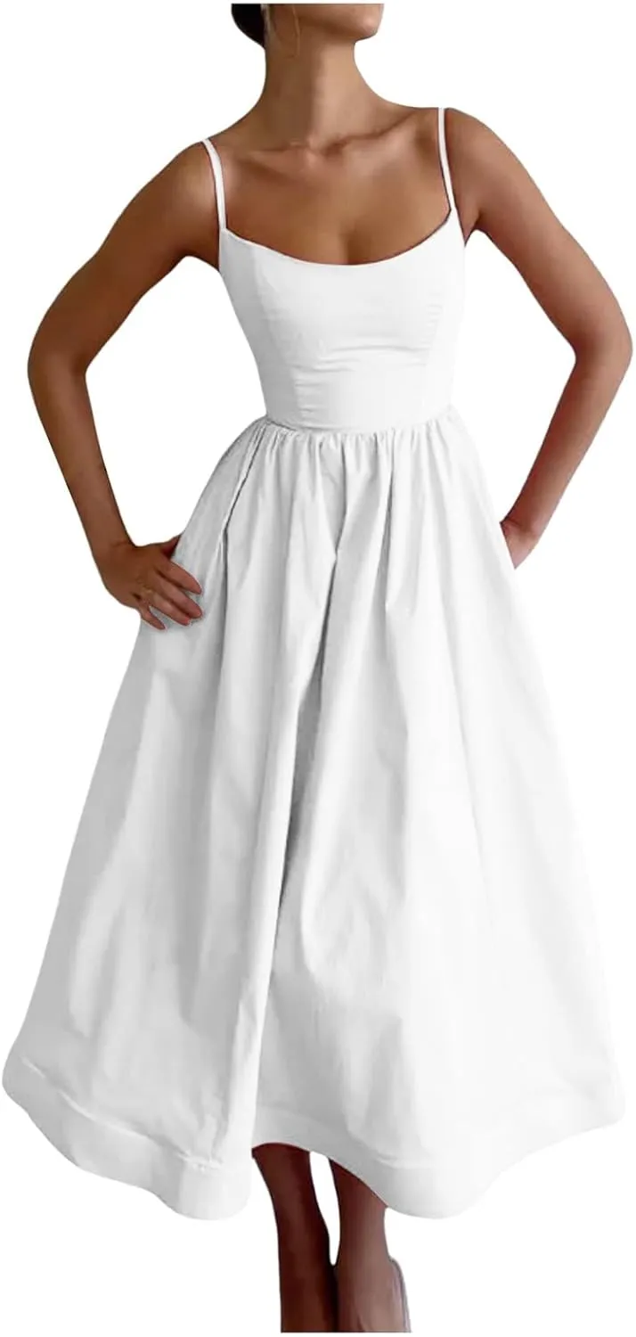 Spaghetti Strap Dresses for Women Square Neck Corset Dress Backless Flowy A Line Casual Summer Long Midi Sundress
