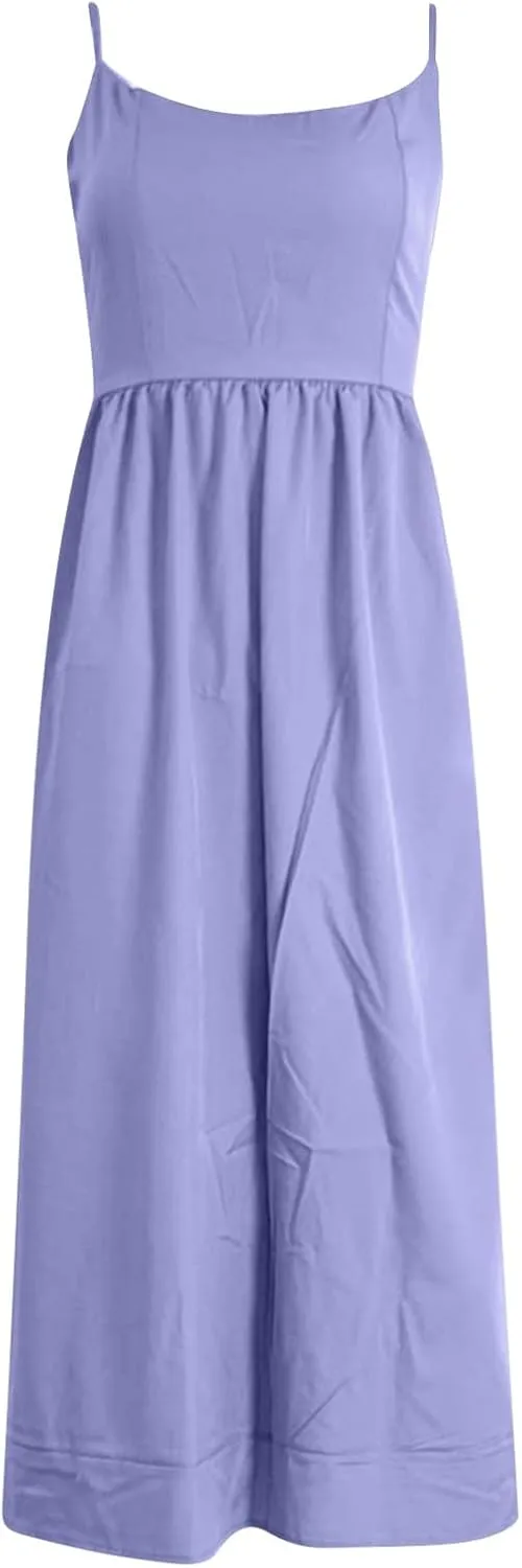 Spaghetti Strap Dresses for Women Square Neck Corset Dress Backless Flowy A Line Casual Summer Long Midi Sundress