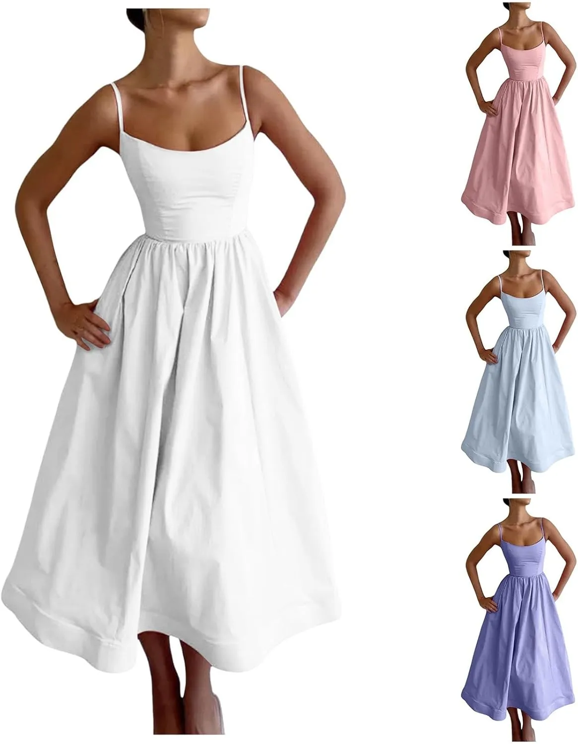 Spaghetti Strap Dresses for Women Square Neck Corset Dress Backless Flowy A Line Casual Summer Long Midi Sundress