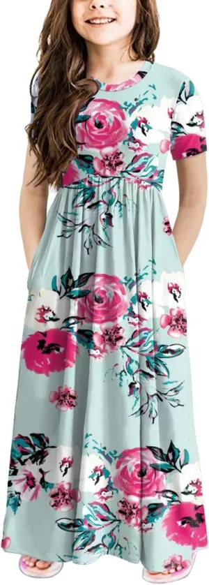 storeofbaby Girls Casual Maxi Floral Dress Long Sleeve Holiday Dresses with Pockets