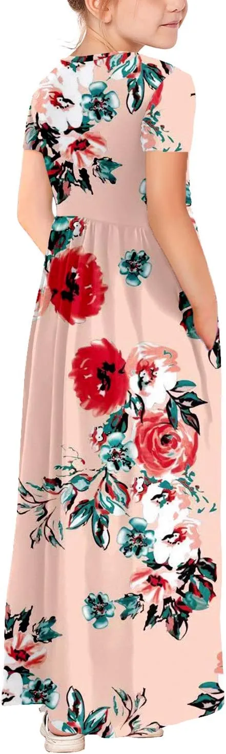 storeofbaby Girls Casual Maxi Floral Dress Long Sleeve Holiday Dresses with Pockets