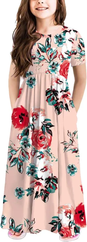 storeofbaby Girls Casual Maxi Floral Dress Long Sleeve Holiday Dresses with Pockets