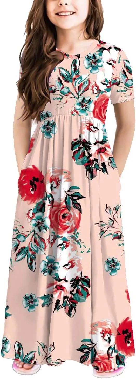 storeofbaby Girls Casual Maxi Floral Dress Long Sleeve Holiday Dresses with Pockets