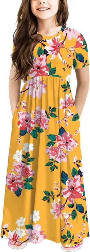 storeofbaby Girls Casual Maxi Floral Dress Long Sleeve Holiday Dresses with Pockets