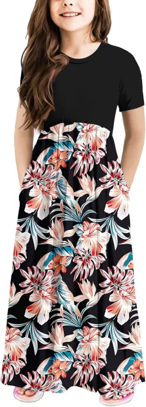 storeofbaby Girls Casual Maxi Floral Dress Long Sleeve Holiday Dresses with Pockets