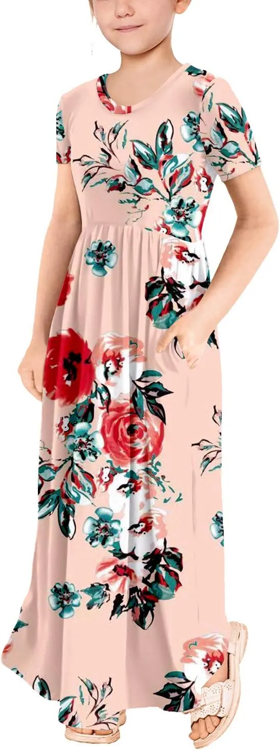 storeofbaby Girls Casual Maxi Floral Dress Long Sleeve Holiday Dresses with Pockets