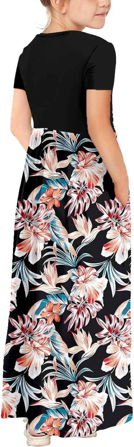 storeofbaby Girls Casual Maxi Floral Dress Long Sleeve Holiday Dresses with Pockets