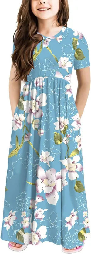 storeofbaby Girls Casual Maxi Floral Dress Long Sleeve Holiday Dresses with Pockets